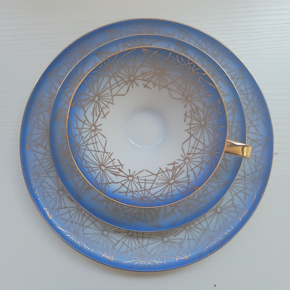 Germany Bavaria Blue Gold Star Bursts 3pc Tea Set Service For 1 Cup Saucer Plate - Picture 2 of 9